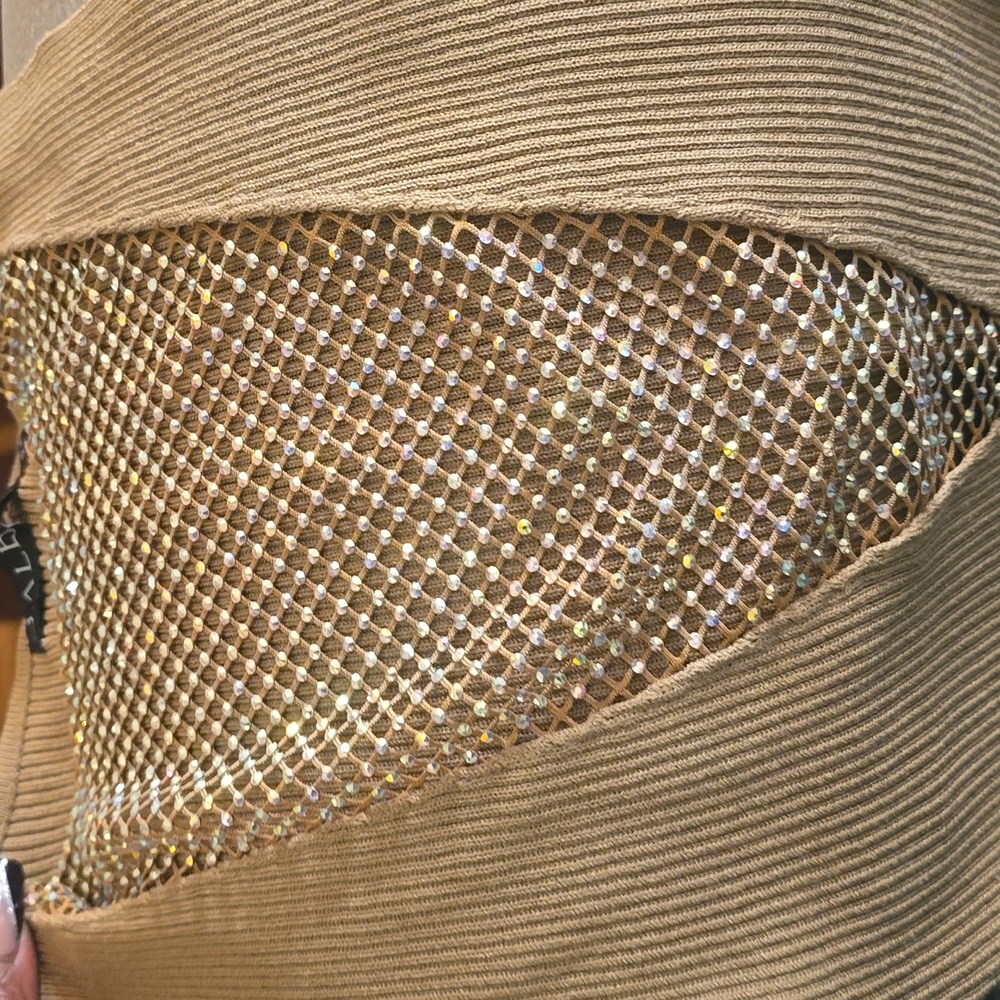 Chic Mesh Detail Women's Blouse in Tan - Picture 2 of 5
